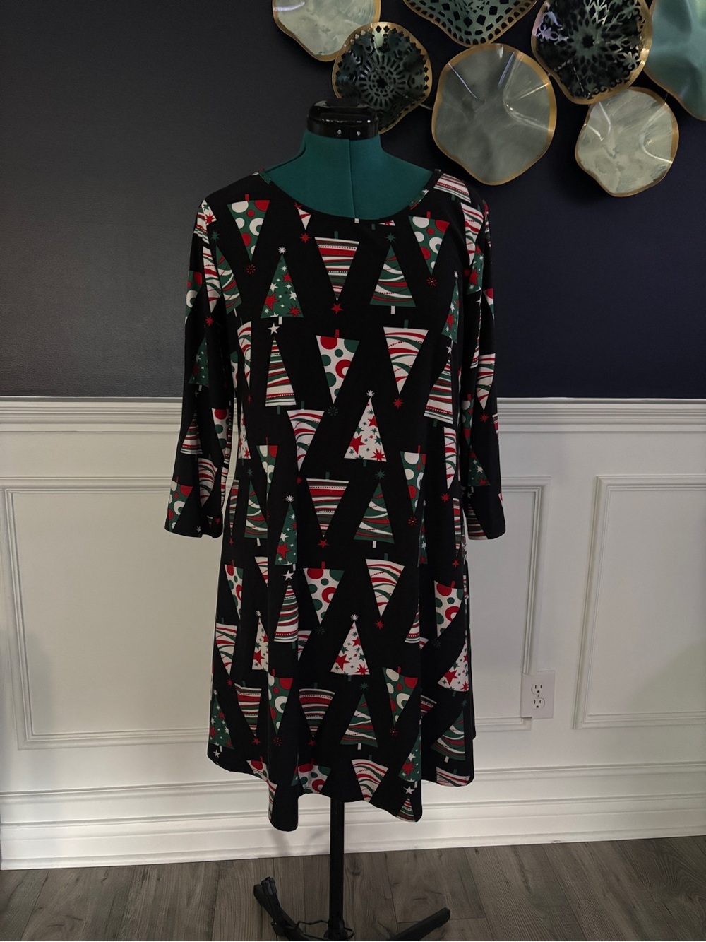 Black Patterned A-Line Dress/tunic with Green and Red Accents